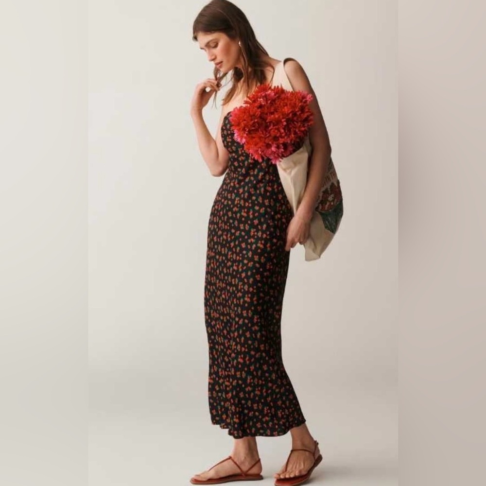 Anthropologie Black Maxi Dress with Red Floral Print